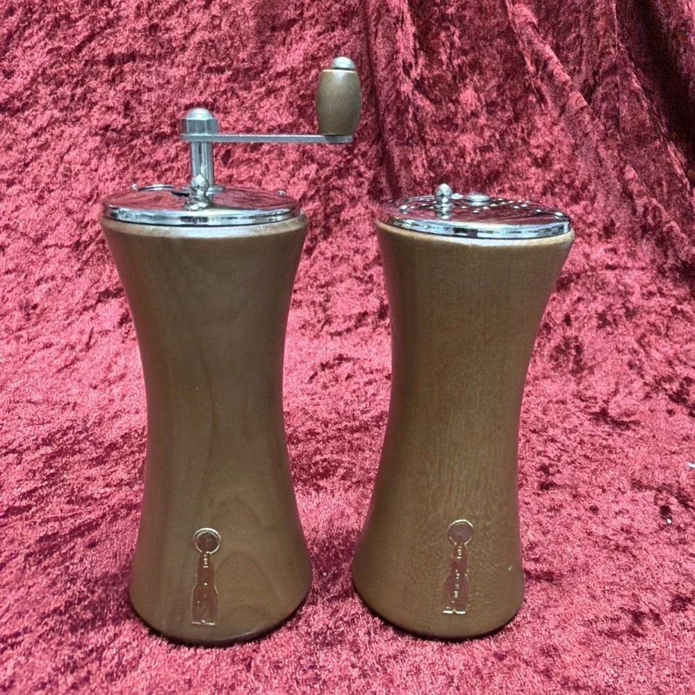 Vintage Jet Line Wood Salt Shaker and Pepper Mill Set Mid Century Modern Chrome